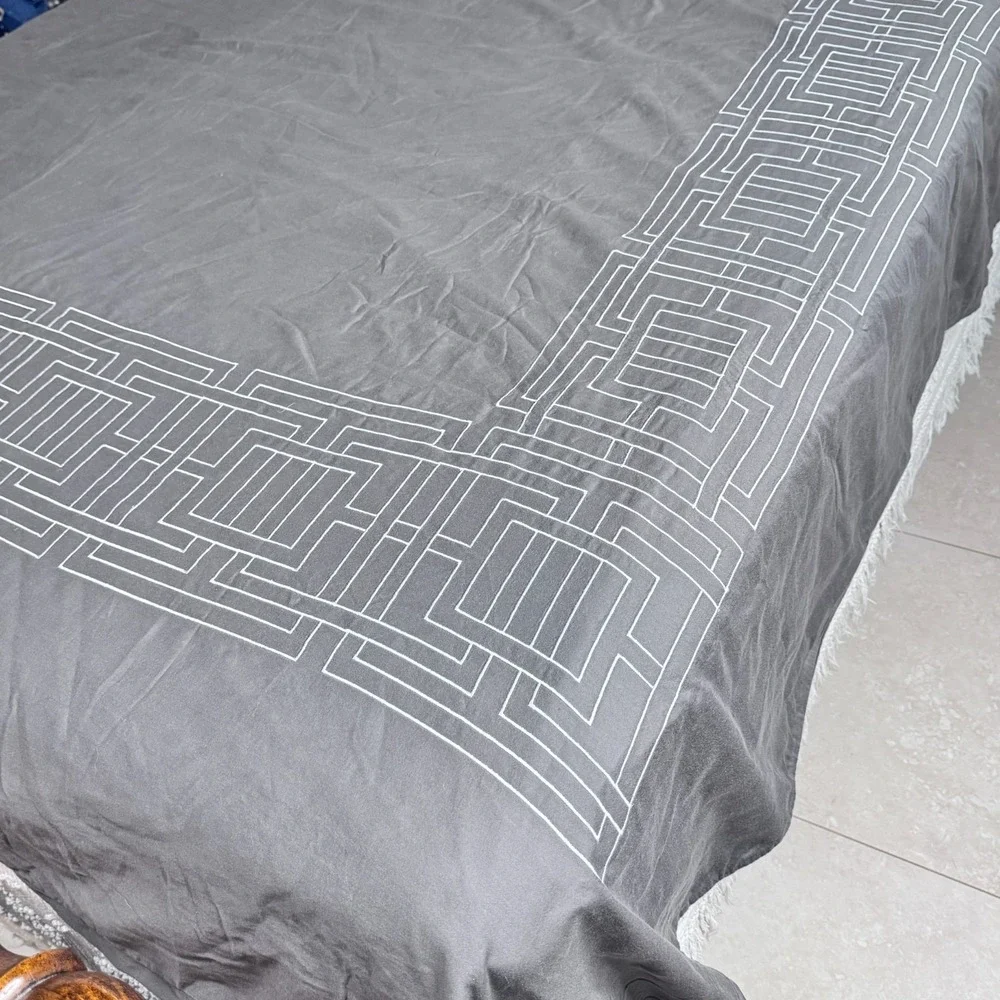 NICOLE MILLER HOME KING DUVET COVER Grey White Embroidery Edges Geometric Cotton